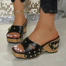 Vintage Elegant Sparkling Straw Lace Faux Pearl Waterproof Platform Thick Heel Comfortable Wedge Sandals, Suitable For Vacation, Daily Wear, Party, Gift For Women