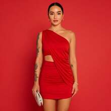 Virginia Short Dress, Gringa Style, End Of Year, Parties, Christmas, One-Piece, Patterned, Asymmetrical, Party, Night, Wedding, Birthday Party, Street, Travel, Beach, Summer - 紅色和黑色 - 查看 3