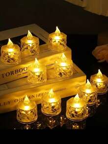 12个亚克力水晶图案LED电子蜡烛灯，带电池，玫瑰图案投影茶蜡烛灯，无焰蜡烛灯，适用于婚礼、情人节、圣诞节、节日、家居装饰、桌面装饰 - 彩色 - 查看 2