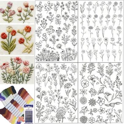 花卉植物水溶性刺绣图案，可溶解无纺布预印刺绣贴纸，自粘无纺布预印刺绣图案