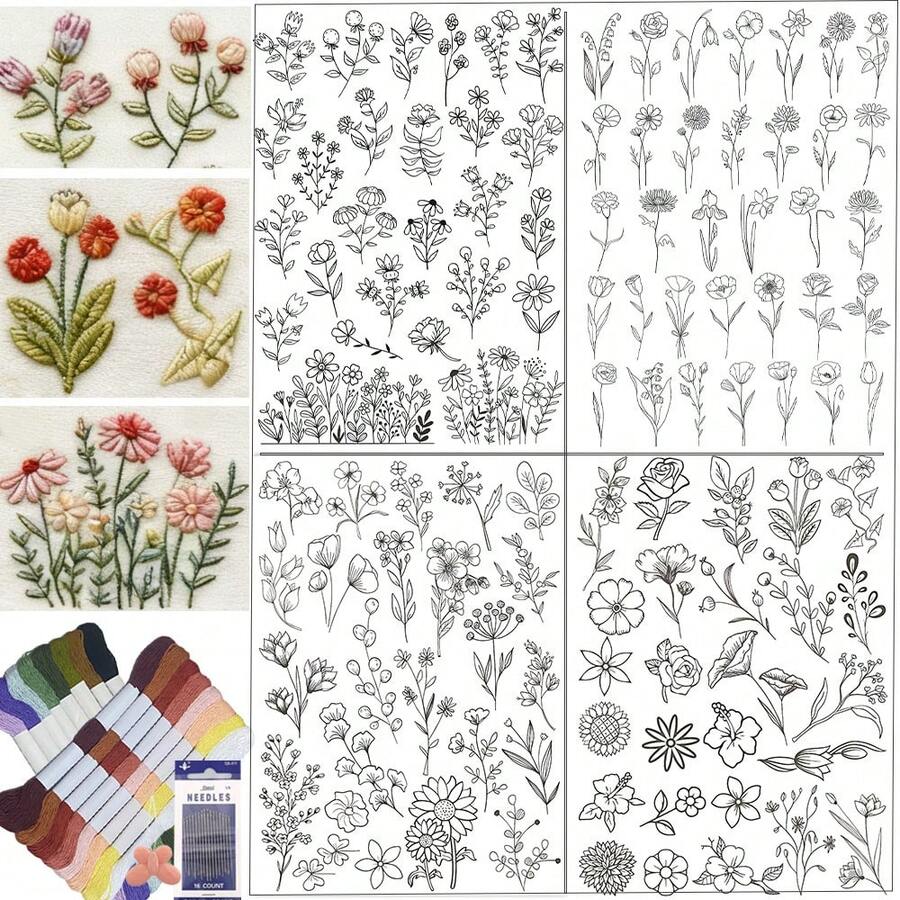 花卉植物水溶性刺绣图案，可溶解无纺布预印刺绣贴纸，自粘无纺布预印刺绣图案 - 黑與白 - 查看 1