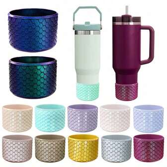 Fundas protectoras de silicona antideslizante para botellas de agua, con diseño de escamas de pez, para tazas de 12-40 Oz, protectores flexibles para la parte inferior de la taza con reducción de ruido y protección contra arañazos, 1 paquete de accesorios para botellas de agua