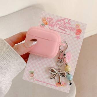 1pc Soft Silicone Pink Earphone Case + Colorful Beaded Bow Decor Bluetooth Earbuds Charging Case Protective Cover Compatible With Apple 1st/2nd/3rd/Pro/Pro 2nd Gen, Creative Design