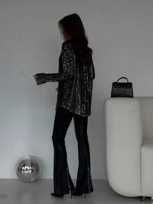 Ladies' Sequined Button Up Long Sleeved Lapel Shirt Is A Fashionable Top That Is Loose, Casual, Elegant And Comfortable, Suitable For Spring And Autumn Wear, Airport Travel, Music Festivals, Daily Life, Parties And Christmas - 黑色 - 查看 2
