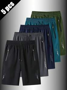 Bộ 5 quần short thể thao nam dáng rộng, nhanh khô, có sọc phản quang, kèm túi, khóa kéo và dây rút ở eo, thích hợp cho tập thể dục, chạy bộ và các hoạt động ngoài trời mùa hè. - Nhiều màu - Xem 4