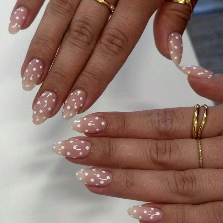 Press On Nails Medium Almond Fake Nails With Cute White Dot Designs Nude Pink Nails Press Ons Reusable Full Cover Natural Acrylic False Nails For Women Girls Nail Decor 24 Pcs - 紫丁香色 - 查看 1