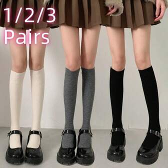 1/2/3双装纯色针织小腿袜，简约学院风过膝袜，女士秋冬长袜