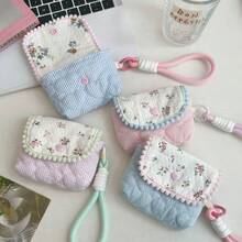 Small Floral Women's Storage Bag Small Portable Card Bag CCD Camera Bag Portable Headphones Sundries Storage Bag - 粉條紋綠邊 - 查看 2
