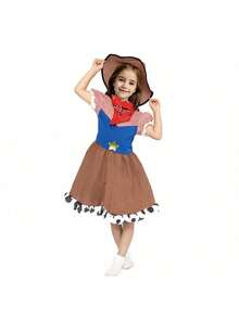 FUNPARTY 3 件套儿童牛仔服装，适合女孩舞台表演，狂欢节派对礼服，带帽子、围巾