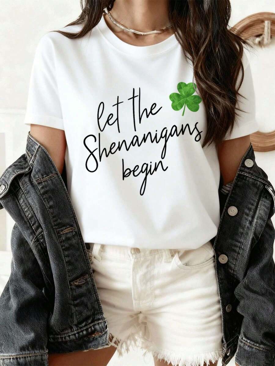 St. Patrick's Day Autumn Lucky T-Shirt, Soft Cotton, Loose Fit, Street Hip-Hop, Breathable - 白色 - 查看 1