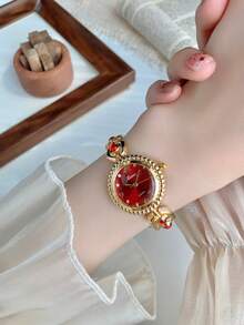 1pc Women's Gold/Green Wrist Watch, Minimalist New Small Dial Design, Elegant & Fashionable, Quartz Movement, Suitable For Daily Wear/Party - 紅色 - 查看 6