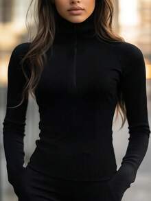 Women's Long Sleeve Solid Color Elegant Office Blouse - Black - View 1