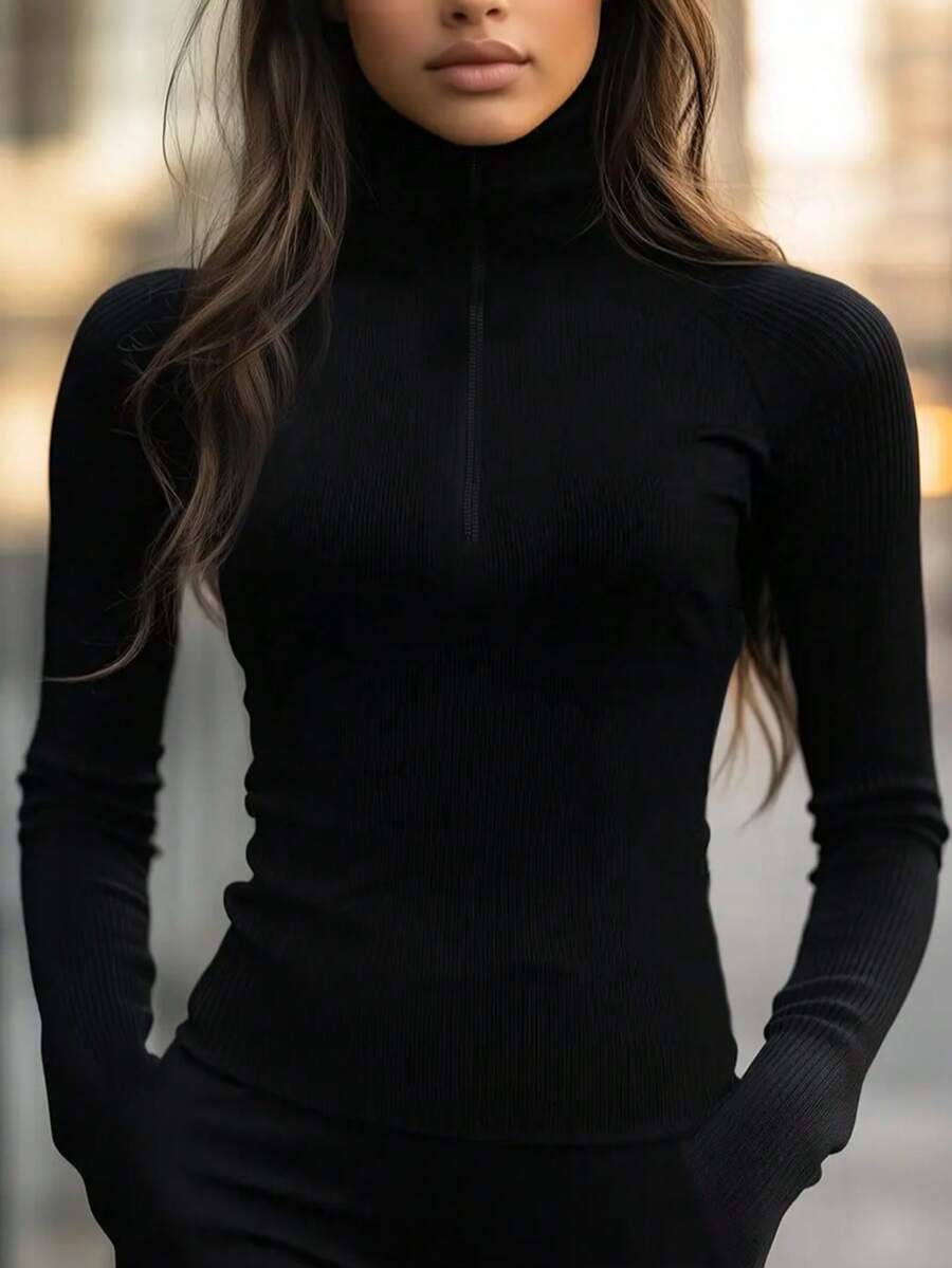 Women's Long Sleeve Solid Color Elegant Office Blouse - Black - View 1