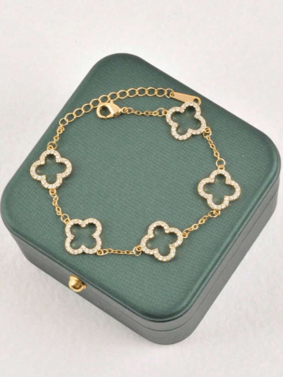 1pc Minimalist Four-Leaf Clover Bracelet, French Sweet Luxury Cubic Zirconia Flower Accessory (Gift Box Not Included) - Gold - View 1