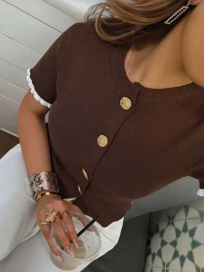 Women's Summer Button Ear Design Beige Knit Top, Elegant Casual Short Sleeve Knit Sweater, Suitable For Dates And Everyday Wear