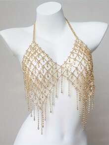 1件镂空AB水晶水钻项链吊坠比基尼链，性感闪亮，适合夜店派对 - 金色 - 查看 4