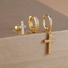 3件套单耳佩戴18K镀金十字耳钉套装，女士婚礼首饰，锆石耳环，不锈钢配件，派对礼物