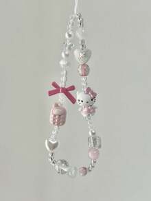 Sanrio 1pc 3D Pink Hello Kitty Beaded Phone Charm, Handmade Cartoon Bow Keychain, Creative DIY CCD Camera Crystal Lanyard Pendant, Anti-Lost Accessory - KTM6 - View 1
