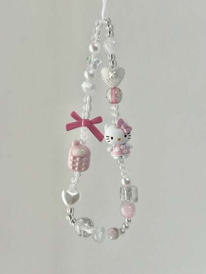 Sanrio 1 pieza Colgante de teléfono con Hello Kitty 3D rosa, llavero hecho a mano con lazo de dibujos animados, colgante de cordón de cristal CCD creativo para cámara, accesorio anti-pérdida compatible con Android y la mayoría de teléfonos inteligentes, regalo para madre, familia, amigos, niños, cumpleaños, vacaciones