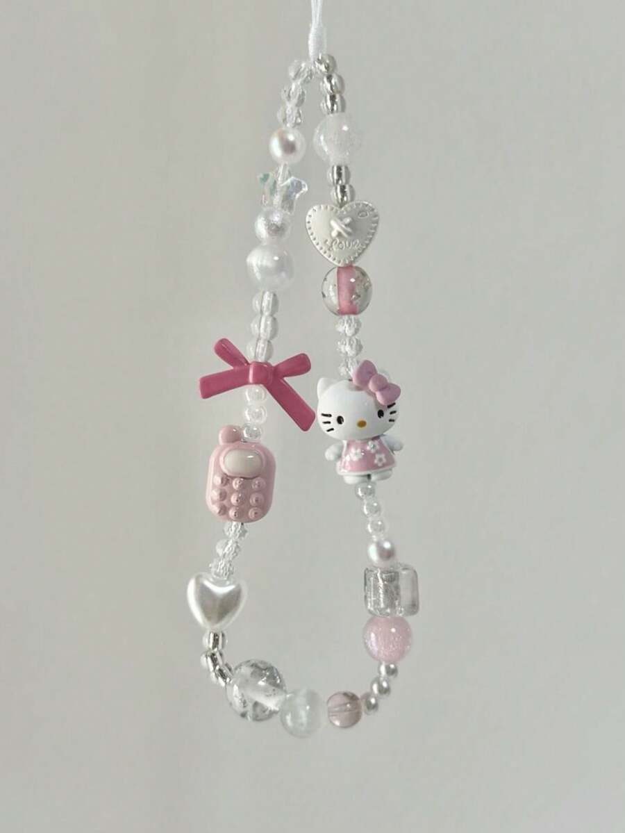Sanrio 1pc 3D Pink Hello Kitty Beaded Phone Charm, Handmade Cartoon Bow Keychain, Creative DIY CCD Camera Crystal Lanyard Pendant, Anti-Lost Accessory - KTM6 - View 1