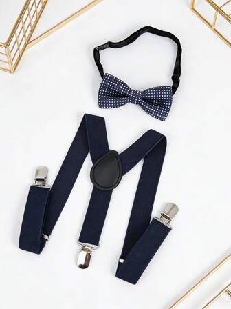 Luobobeibei 2pcs/Set Classic Kids' Navy Bow Tie And Suspender, Adjustable High-Elasticity Straps, Perfect For School, Perfoemance, Daily Wear And Birthday Gifts