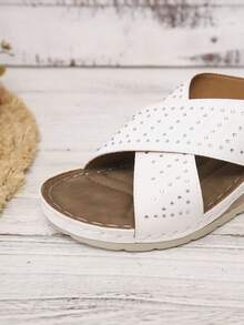 Sandalias de diapositiva con suela gruesa, adornadas con cristales, con diseño cruzado, elegantes para fiesta, playa, resort. Sandalias de cuña huecas con tacón de cuña para boda, vacaciones - Blanco - Ver 4