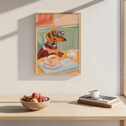 1pc/Set Dachshund Coffee Wall Art Print, Funny Dog With Sunglasses Poster, Whimsical Cafe Wall Decor, Pastel Home Decor, Dog Lover Gift, Home Decor Living Room, Wall Decor, No Frame