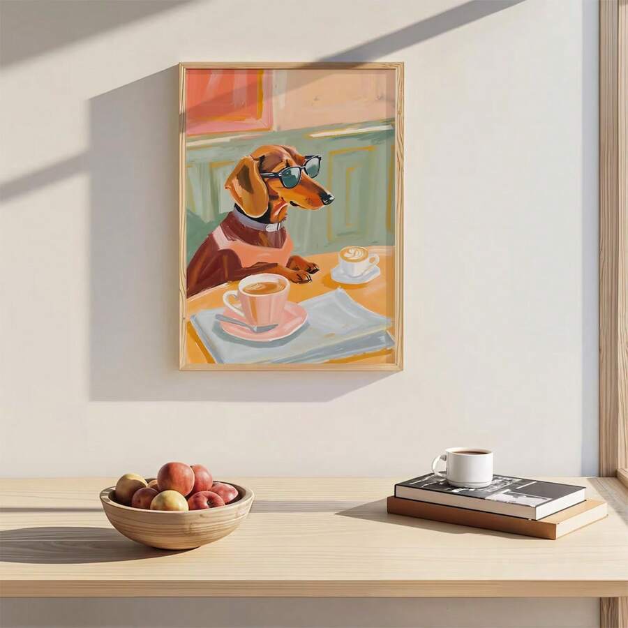 1pc/Set Dachshund Coffee Wall Art Print, Funny Dog With Sunglasses Poster, Whimsical Cafe Wall Decor, Pastel Home Decor, Dog Lover Gift, Home Decor Living Room, Wall Decor, No Frame - Multicolor - View 1