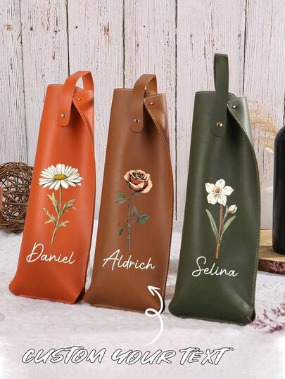 Bolsa portabotella de vino personalizada, bolsa de vino con flor de nacimiento personalizada, bolsa de vino de cuero con nombre personalizado, bolsa de vino con nombre grabado, regalo de inauguración de casa, regalo de boda, adecuado para amantes del vino y regalos corporativos