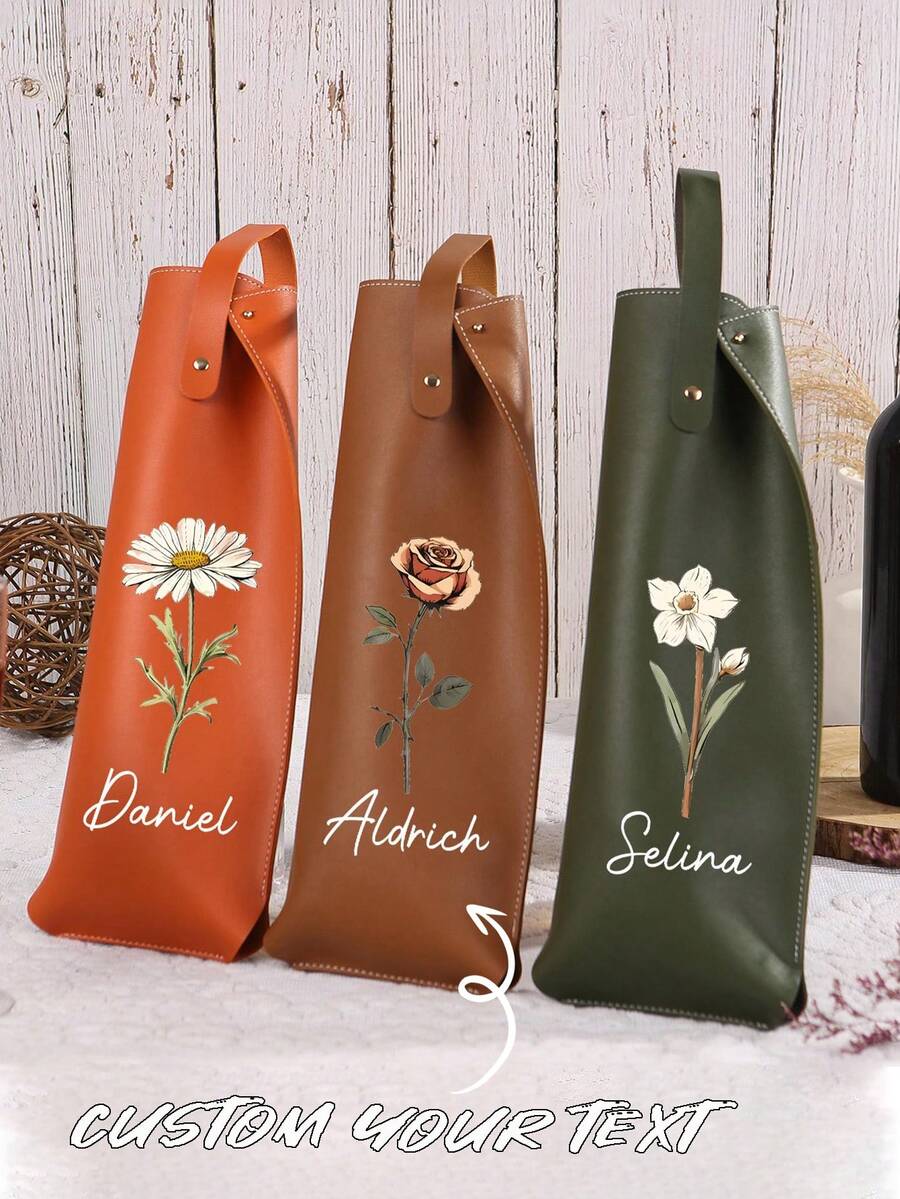 个性化葡萄酒瓶手提袋，定制生日花葡萄酒袋，定制姓名皮革葡萄酒袋，刻字葡萄酒袋，乔迁之喜，结婚礼物，适合葡萄酒爱好者和企业礼品 - 彩色 - 查看 1