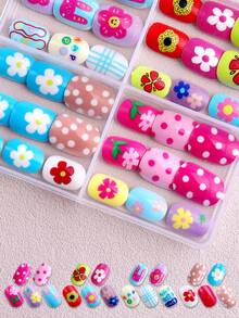 NAIO 96 Pcs/Set Y2K Baddie Style Kids Press-On Nails Art, Acrylic Material, Pre-Coated Gel, Full Coverage, With Sparkly And Cute Patterns Including Flowers And Polka Dots. Short Adhesive Nail Stickers, Suitable For Little Girls-Cute Garden Theme. Nail Supplies - Multicolor - View 3