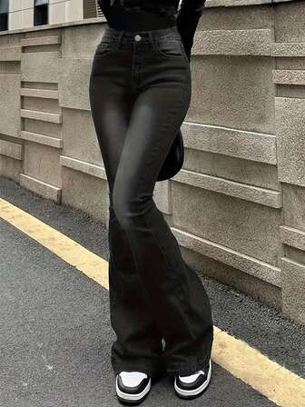 青少年女孩休闲时尚口袋破洞喇叭牛仔裤