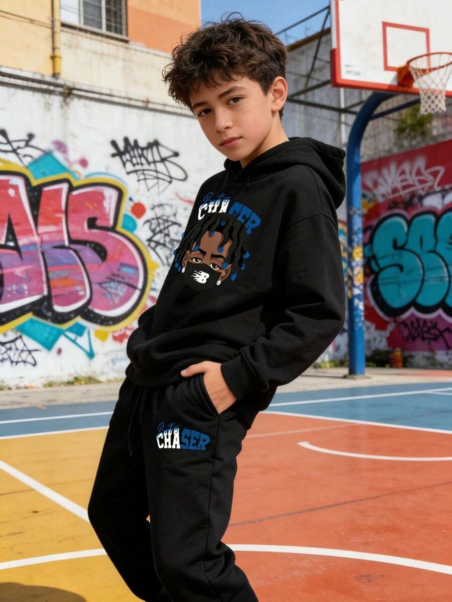 Teen Boys' Handsome Letter Print Long Sleeve Thick Hoodie And Sweatpants Casual 2-Piece Set, Fleece, Autumn/Winter