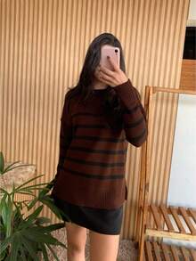 Striped Long-Sleeved Sweater Blouse, Fashionable Oversized Knitwear. - Rust Brown - View 1