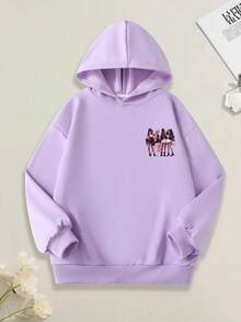 1pc Teen Girl Fashion Cartoon Girl Pattern Sweatshirt, Eye - Catching, School Activity Style - Purple - View 2