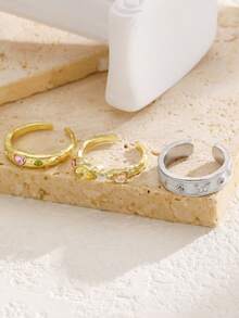 Set de 3 anillos decorados con perlas falsas y rhinestones, regalo para mujeres, adecuado para citas y días festivos - Multicolor - Ver 7
