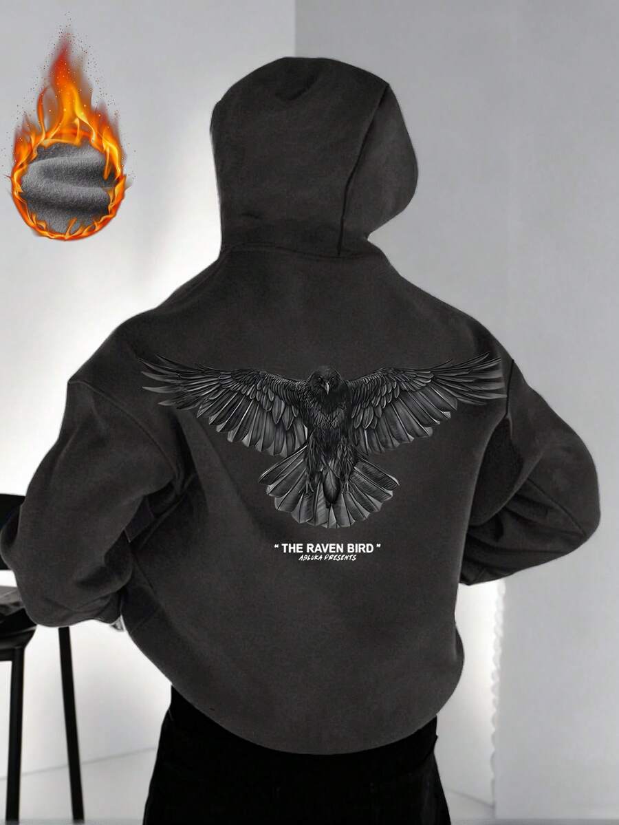 男士连帽衫，饰有乌鸦图案和英文标语印花，保暖内衬，休闲街头风，秋冬款 - 深灰色 - 查看 1