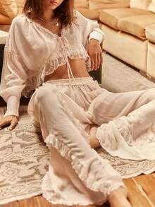 Womens Elegant Pajama Set Lace 2 Piece Lounge Sets Long Sleeve Shirts Wide Leg Pants Vintage Victoria Pj Sets - 淺粉色 - 查看 4