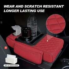 PU Leather Car Armrest Storage Pad With Cup Holder, Phone Slot, Quilted Center Console Pad, Tissue Box And Side Storage Pocket. Universal Design Fits Most Vehicles. - one-size - View 4