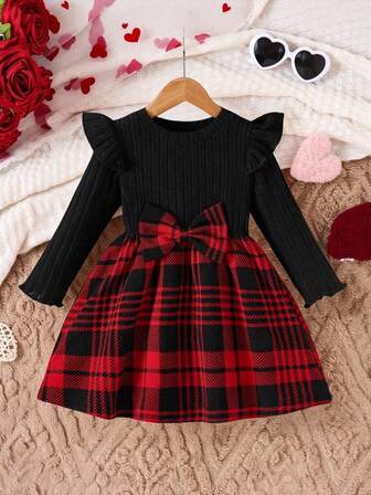 Baby Girls Valentine's Day Bow Ruffle Trim Plaid Long Sleeve Round Neck Dress