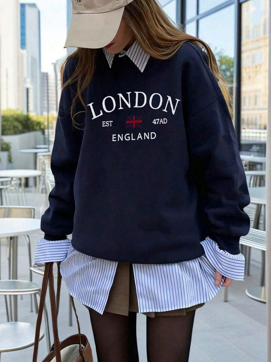 2026 New Arrival Women's Crew Neck Sweatshirt, Spring & Autumn Casual Colorblock & English Print Design, Versatile Daily Streetwear Top, Casual Outfit - 藏蓝色 - 查看 1
