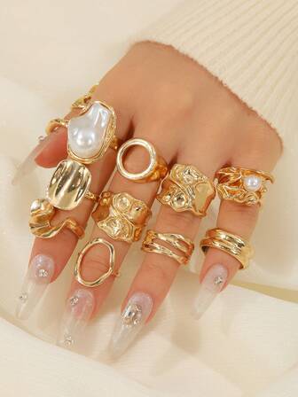 12pcs Vintage Gold Tone Irregular Shaped Faux Pearl, Geometric, Liquid, Round, Hollow, Multi-Layer Metallic Texture Ring Set, Oversized, Thick, Elegant, Suitable For Women Vacation, Party, Date, Gift, Daily Jewelry Wear