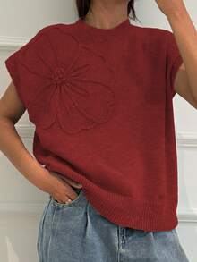 Minimalana Plus Size Spring/Summer Fashion Casual Vacation 3D Floral Pattern Crew Neck Sleeveless Sweater Top, Suitable For Brunch Occasions Red - Red - View 1