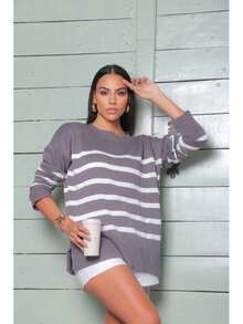Striped Long-Sleeved Sweater Blouse, Fashionable Oversized Knitwear. - Grey - View 3
