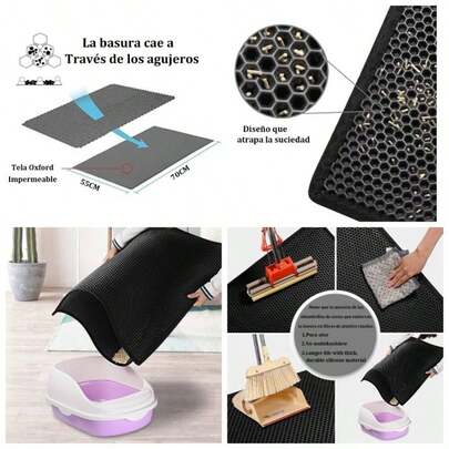Estera para para Gatos, Alfombrilla Doble Para Caja De, Diseo de Nido de Abeja, EVA Antideslizante, Impermeable, Fcil de Limpiar, Anti Dispersin, Lavable con Agua Negro, 55 * 75CM