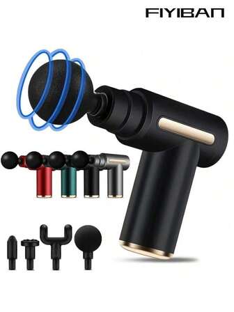 FIYIBAN 便携式充电筋膜按摩枪，带 4 个可更换按摩头，深层组织放松，USB 充电，锂电池，运动户外电子配件