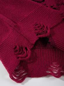 男士街头风个性做旧黑色长袖V领毛衣，休闲宽松套头针织衫，适合春、秋、冬季穿着 - 紅色 - 查看 7