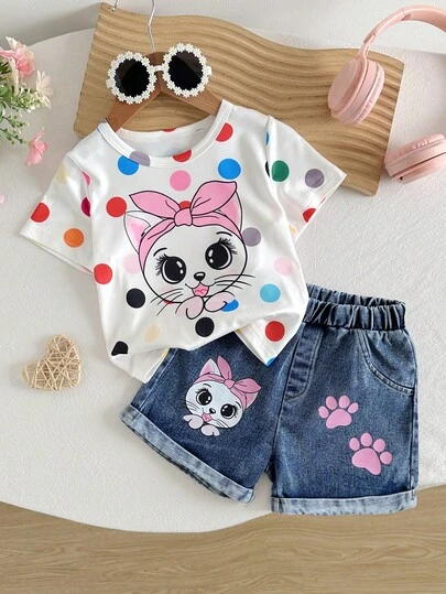 Set de 2 piezas: Camiseta de cuello redondo con estampado de gato de lunares de colores + Pantalones cortos de mezclilla con puños para niñas bebés, conjunto de moda casual y cómodo, adecuado para uso diario, al aire libre o como regalo
