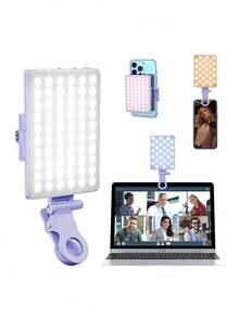 1pc 60-LED Selfie Light, 3 Lighting Modes, Adjustable Brightness, Battery Indicator, Portable Clip-On Fill Light, Type-C 5V Rechargeable, Available In Pink/White/Black/Purple, Suitable For Makeup, Live Streaming, Zoom Meetings, Compatible With Phones & Cameras - 3 In 1 Light Colors - View 9