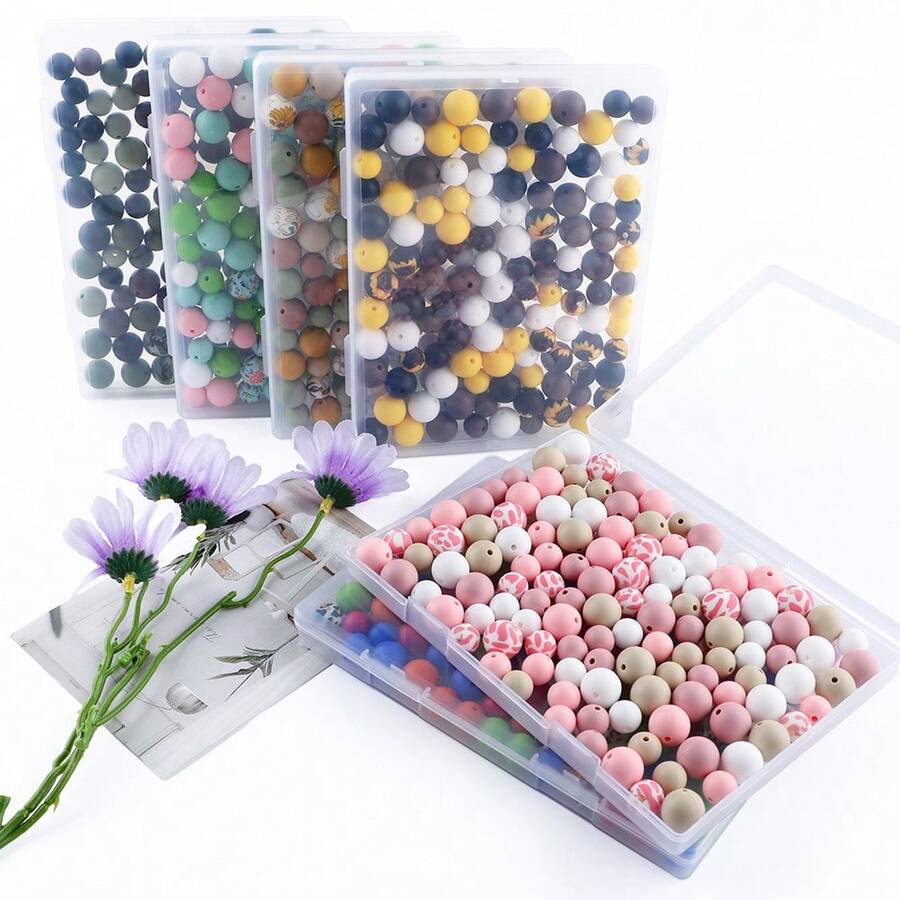 120pcs/Box, 12mm/15mm Printed Silicone Beads And Solid Color Beads Mixed, Suitable For DIY Handicrafts, Bead Pens, Bag Decoration Pendants, Etc - Multicolor - View 1